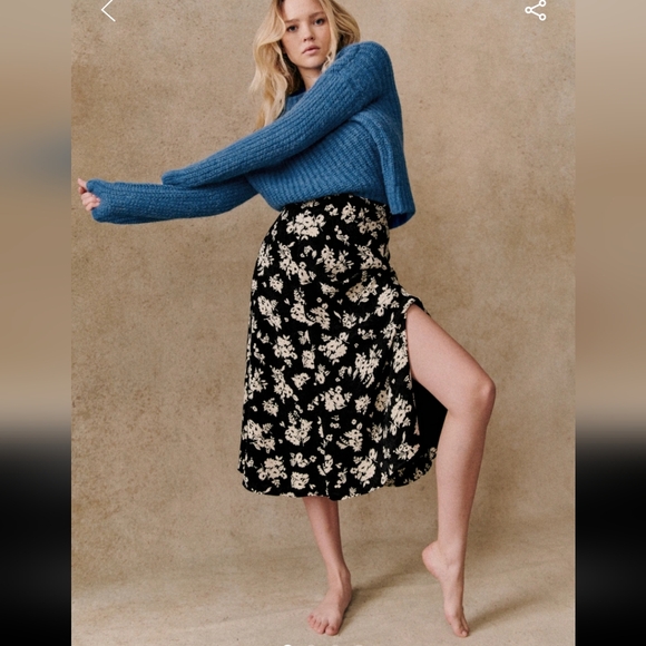 Sezane Tabata Black and Cream Floral Midi Skirt